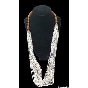 Multistrand Beaded Long Necklace, White, Brass and Wood Beads